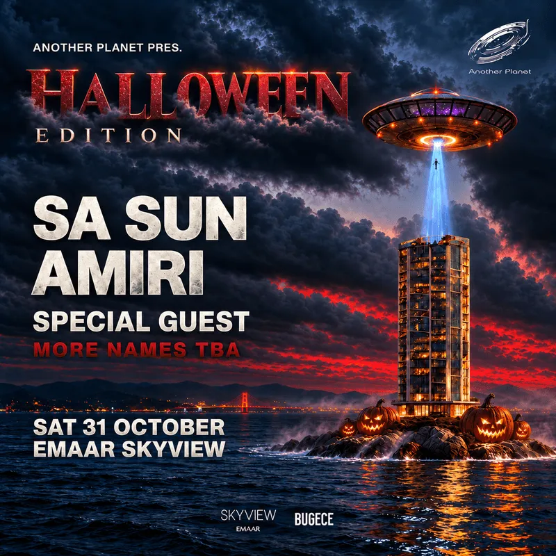 Halloween at Emaar Skyview: SA SUN · AMIRI · Special Guest card